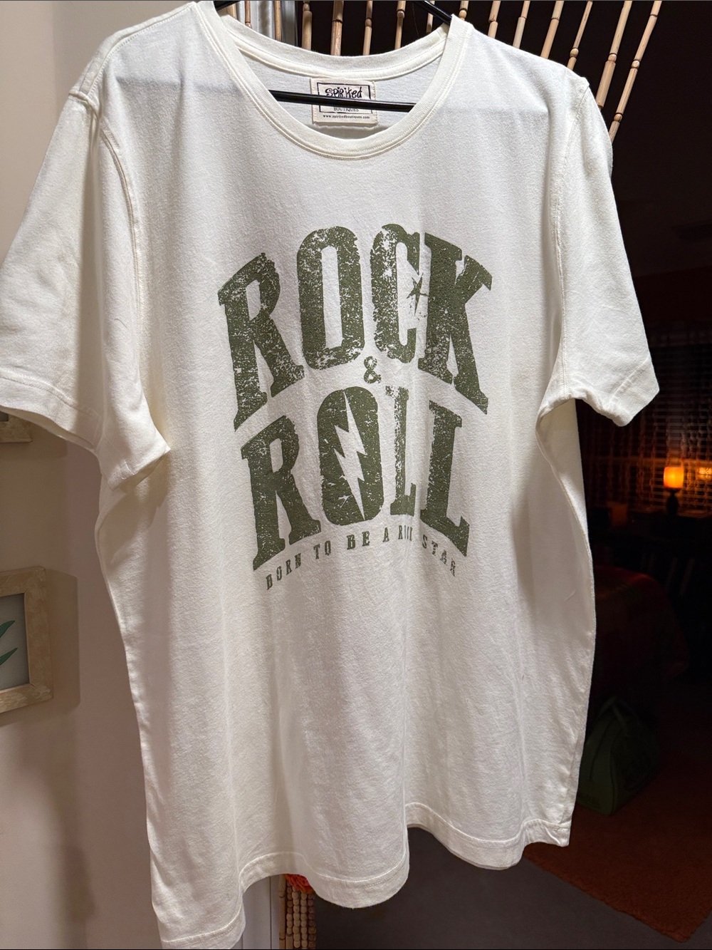 Spirited Boutique Cream Short Sleeve Tee with Olive Rock & Roll Graphic Print